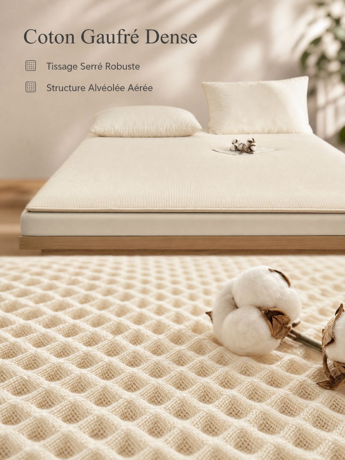 Gros plan sur les coutures matelassées et la texture douce du surmatelas en coton