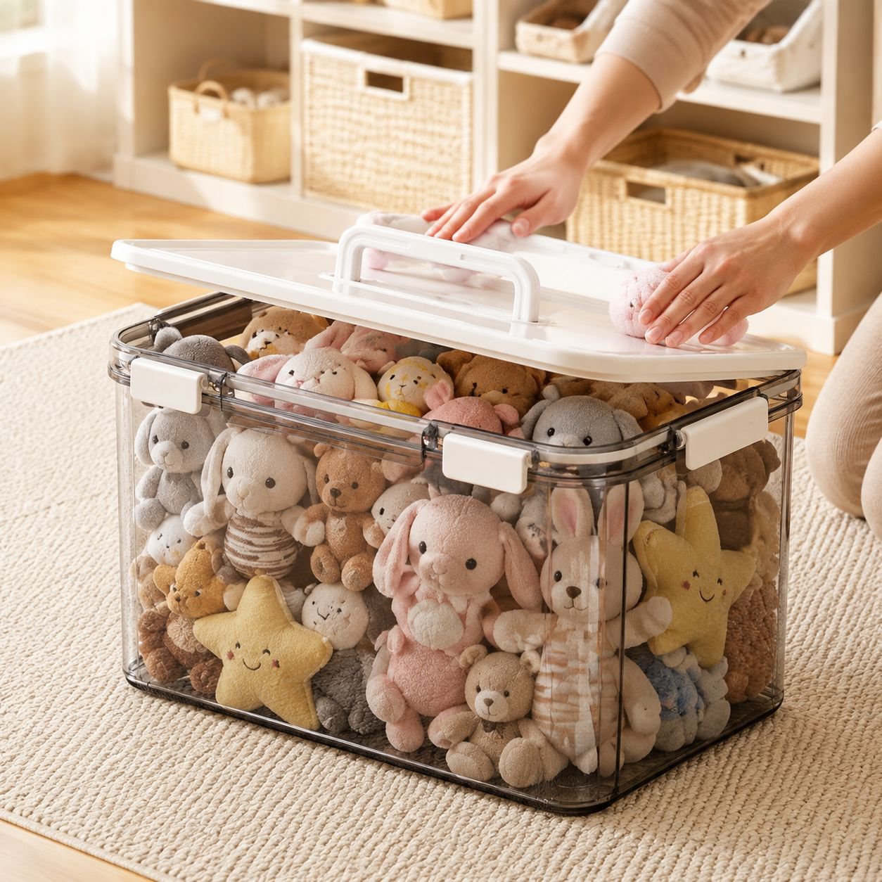 Kids toy organizer with secure locking lid
