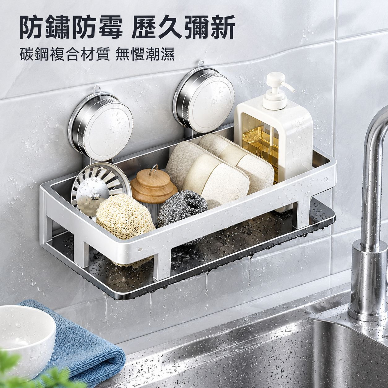 吸盤式廚房收納置物架 免打孔抹布瀝水架 海綿壁掛架 水龍頭水槽多功能神器