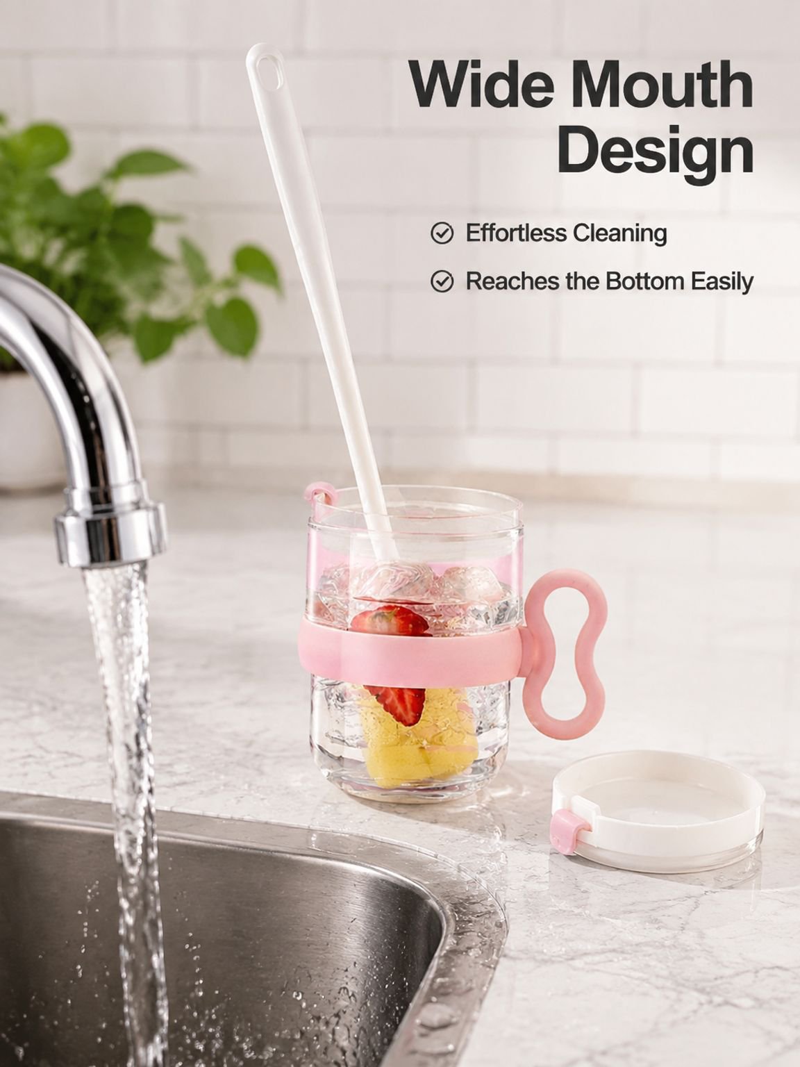 Clear glass cup with handle and lid
