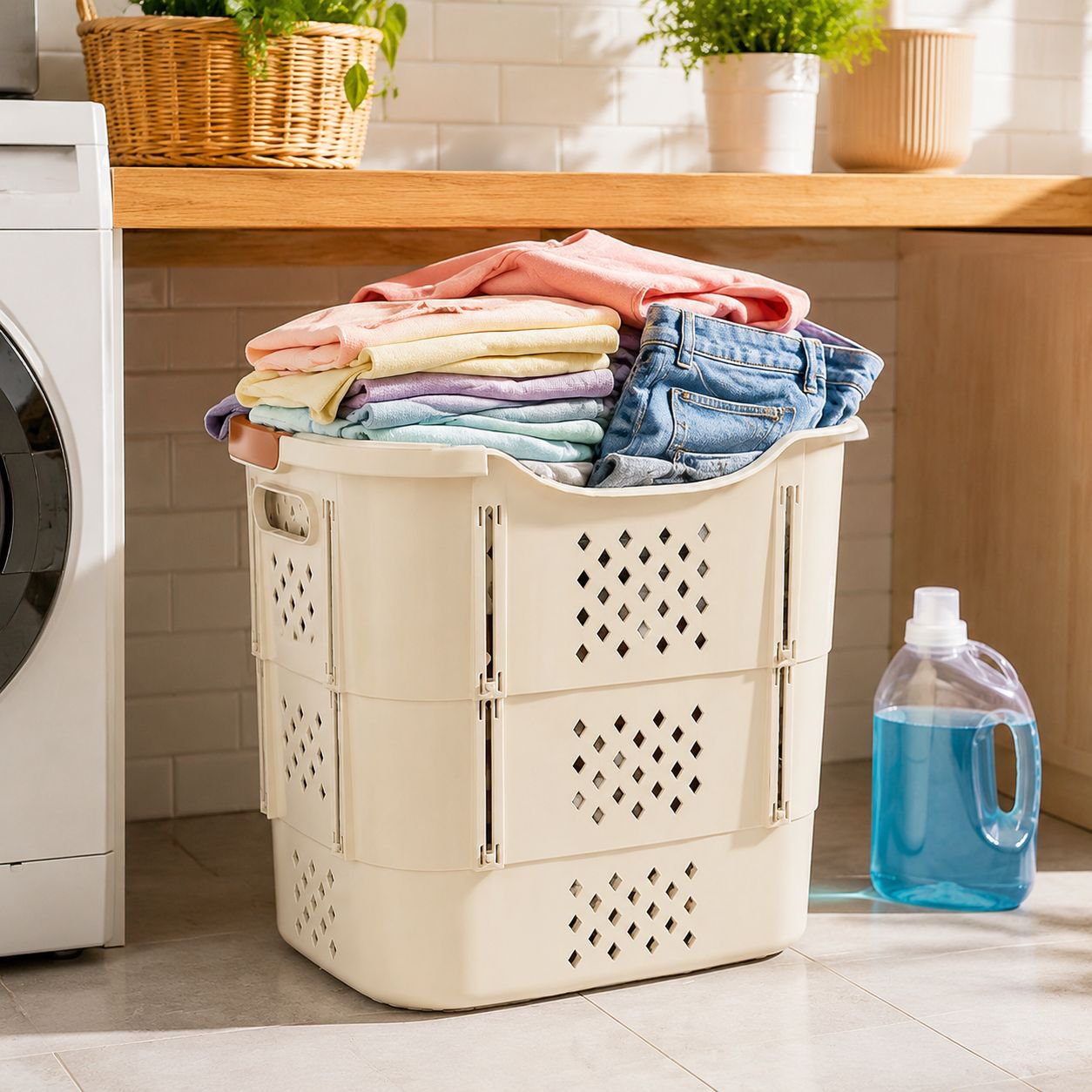 Multifunctional organizer basket holding folded clothes