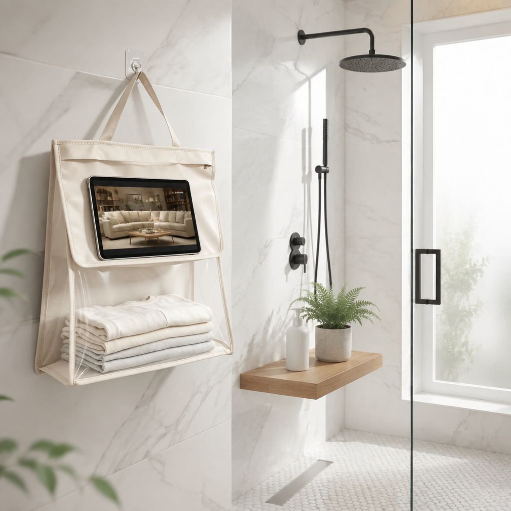 Bathroom organizer bag hanging on tiled wall