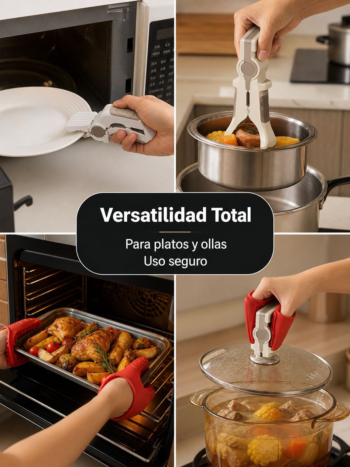 Pinza 4 en 1 antideslizante y resistente al calor para platos