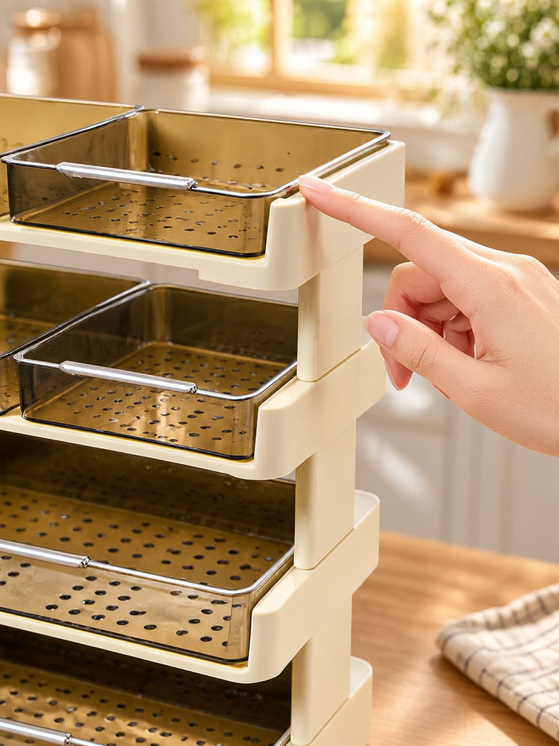 Accessoires de cuisine bien organisés sur une étagère multifonctionnelle