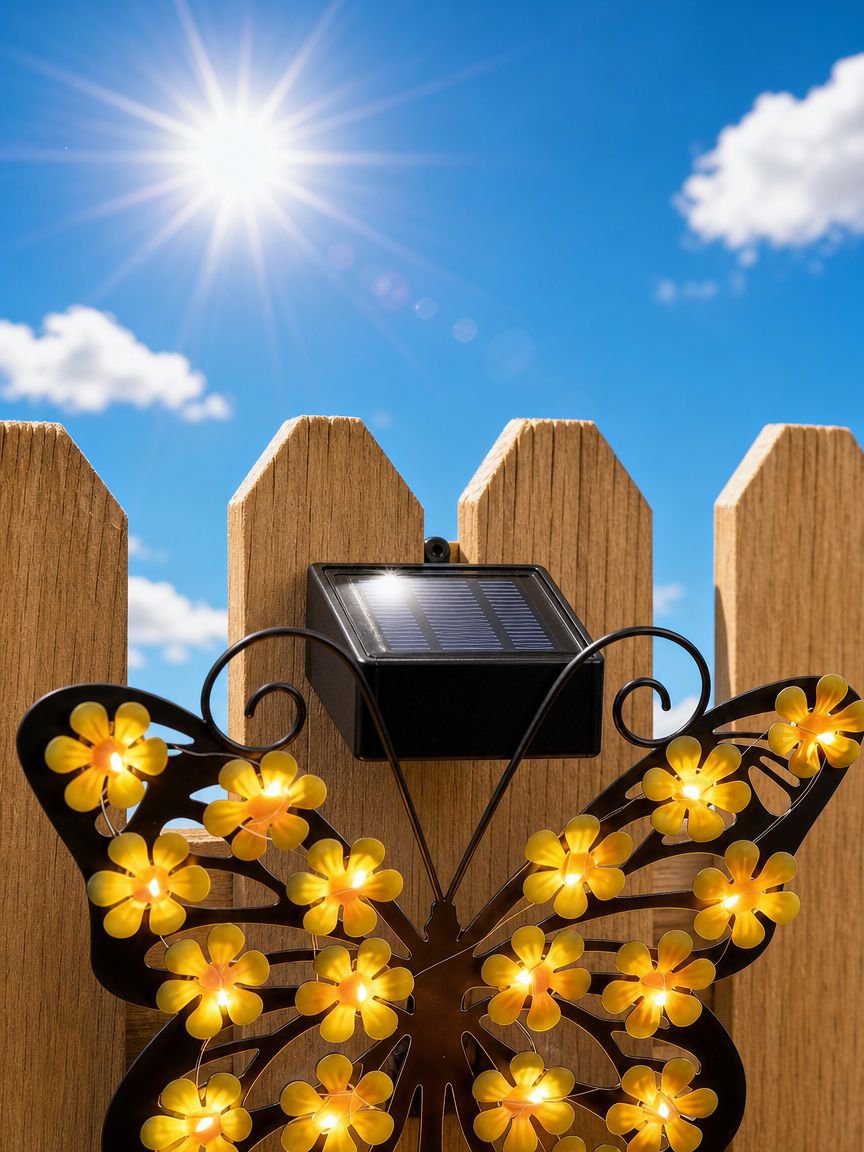 Close-up of butterfly-shaped LED solar wall lamp for garden