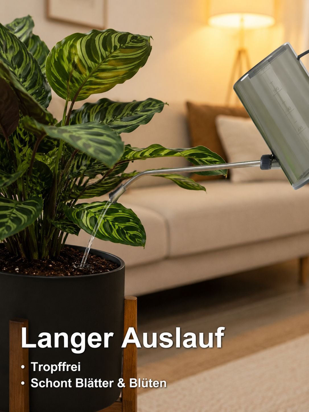 Edelstahl-Gießkanne mit langem Ausguss, transparent mit Skala, für den Haus- und Gartenbedarf