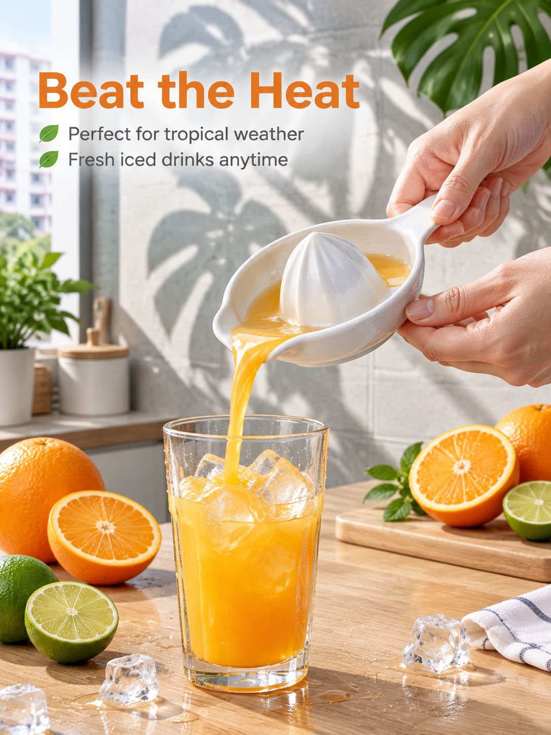 Fresh lemon being squeezed with a ceramic juicer