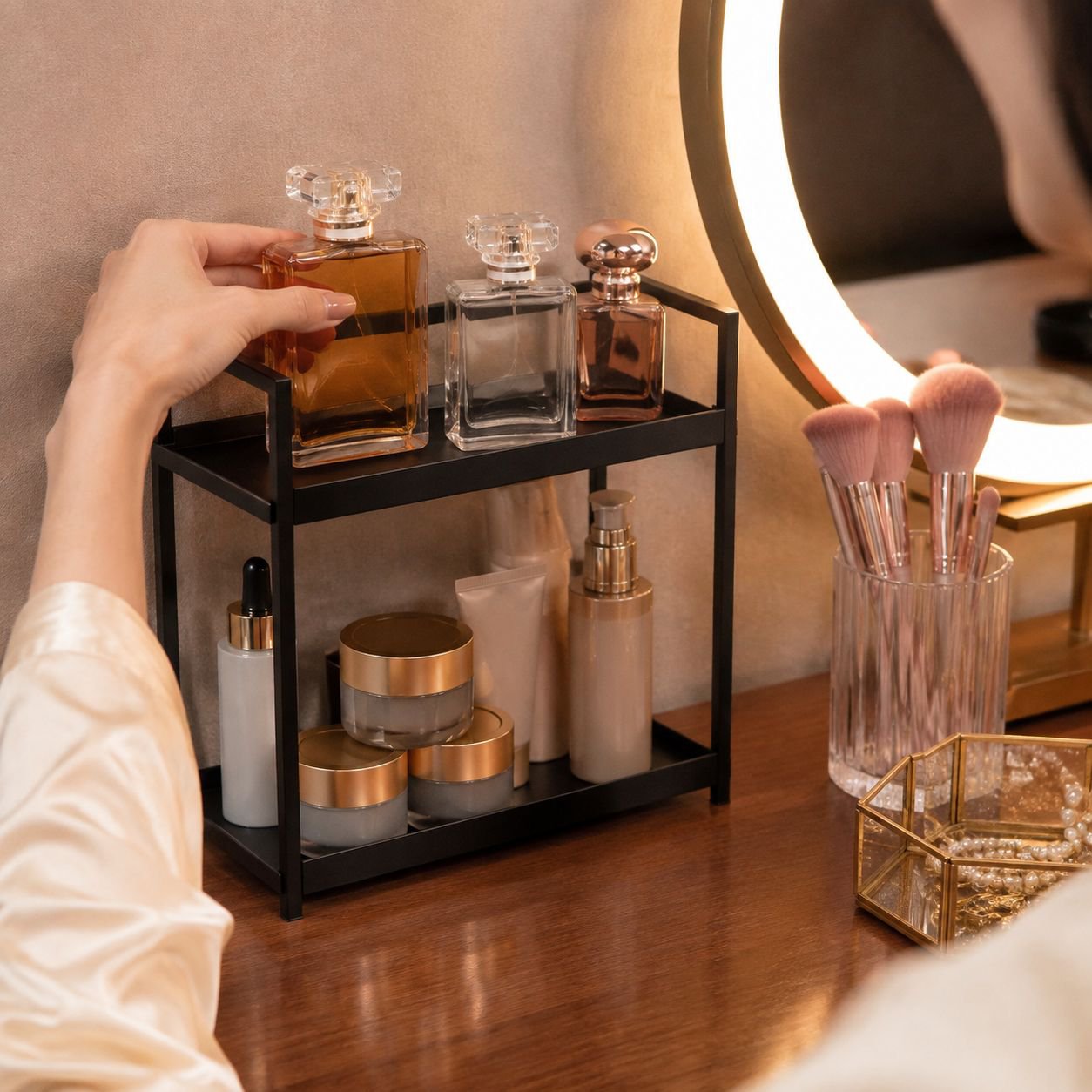 Perfume and makeup organizer on a modern vanity table