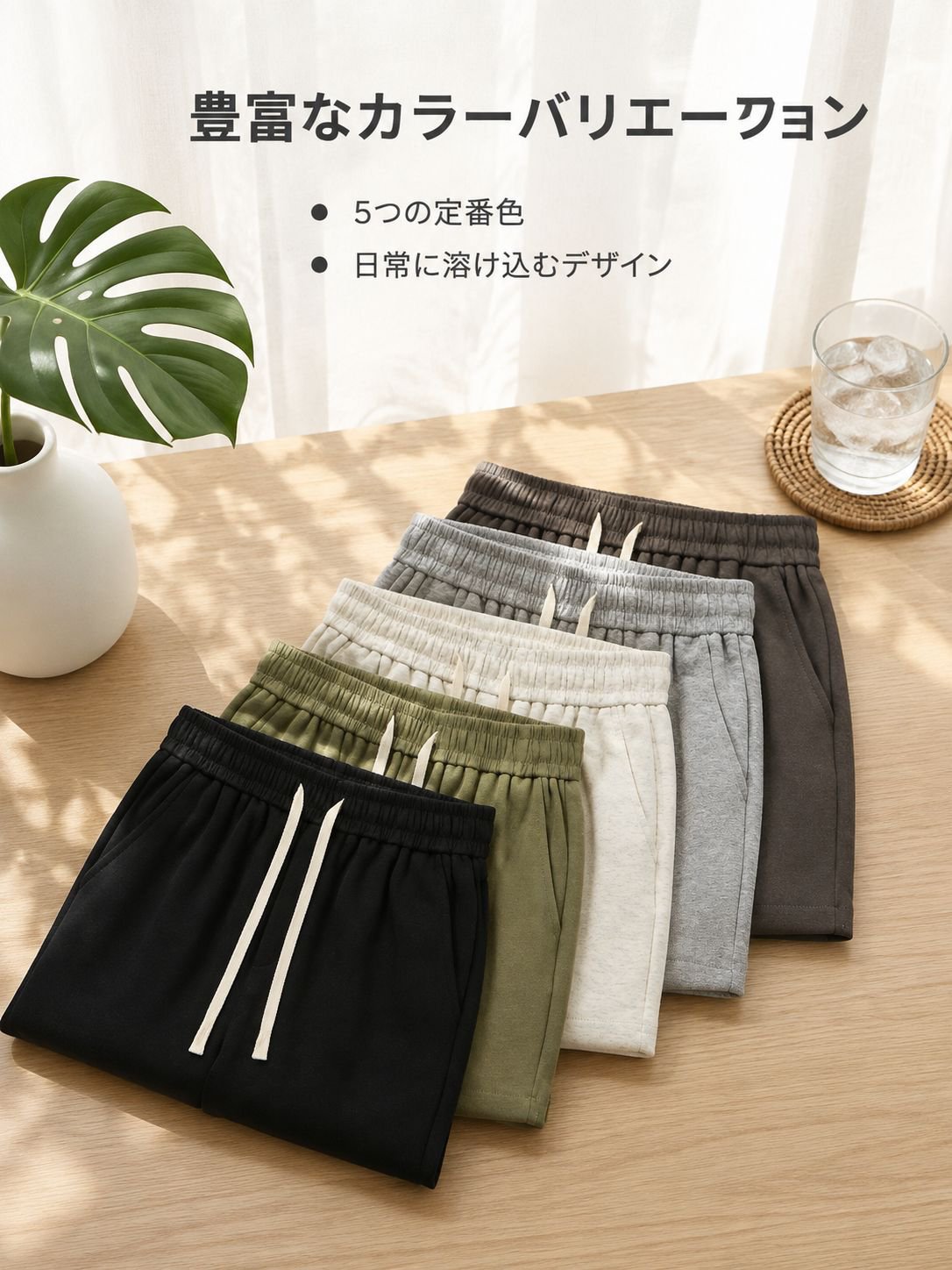 ソフトコットン風ウエストドローストリングワイドレッグカジュアルショートパンツ