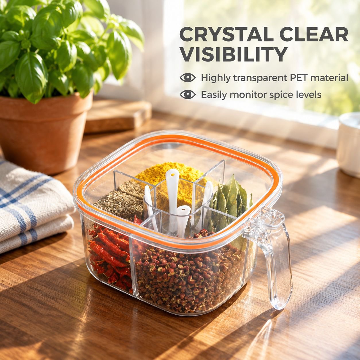 Efficient multi-compartment seasoning box for spices and seasonings