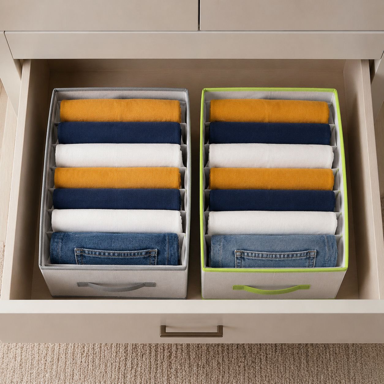 Foldable Partitioned Storage Bin for Pants and Clothing