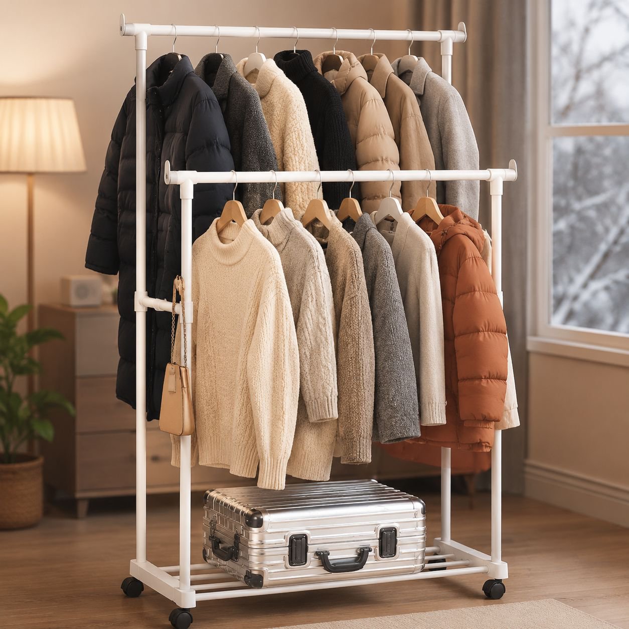 Space-saving clothes and shoe rack with multiple layers