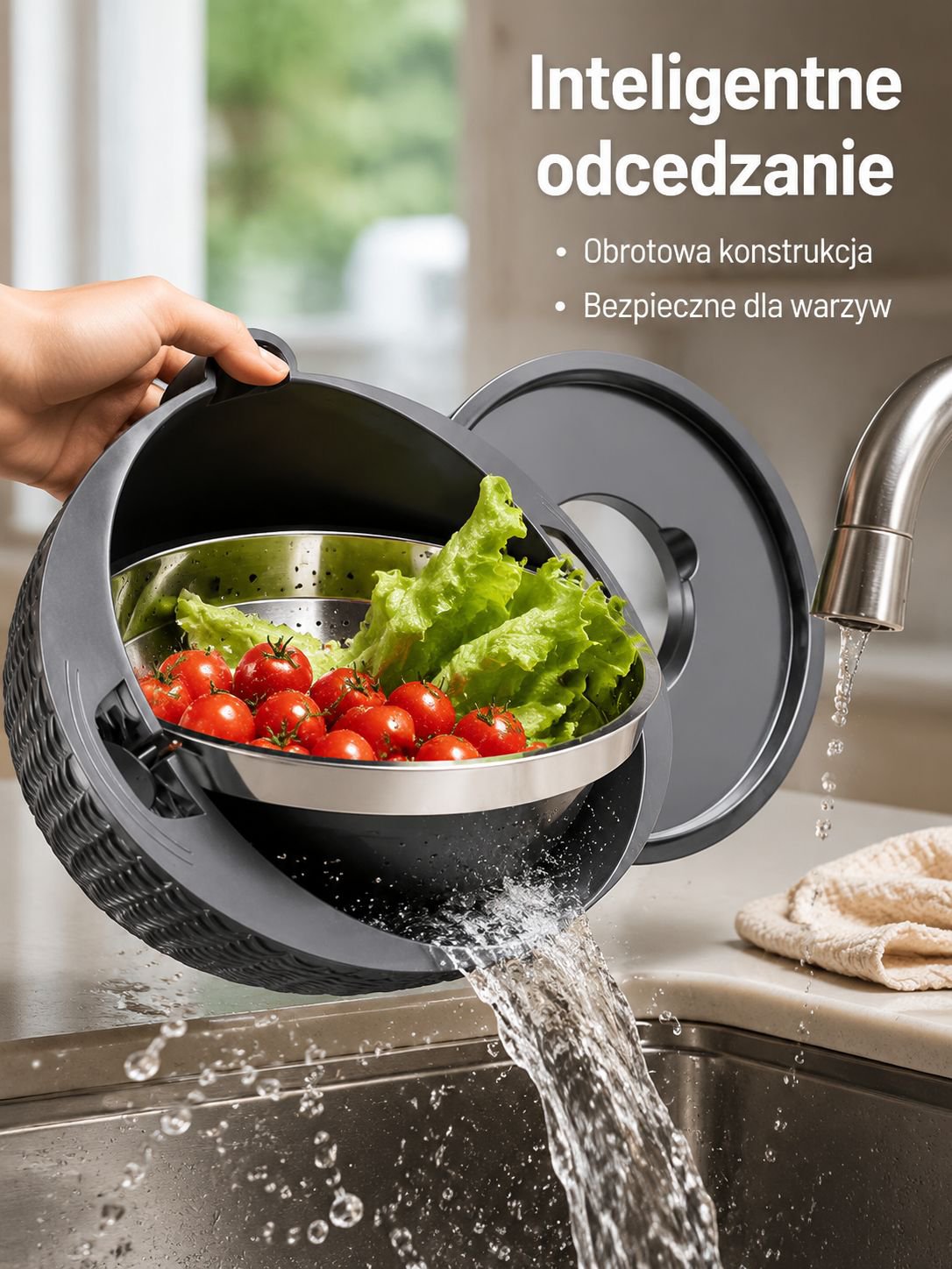 Domowy obrotowy kosz do mycia warzyw z tarką, dwuwarstwowy, ze stali nierdzewnej