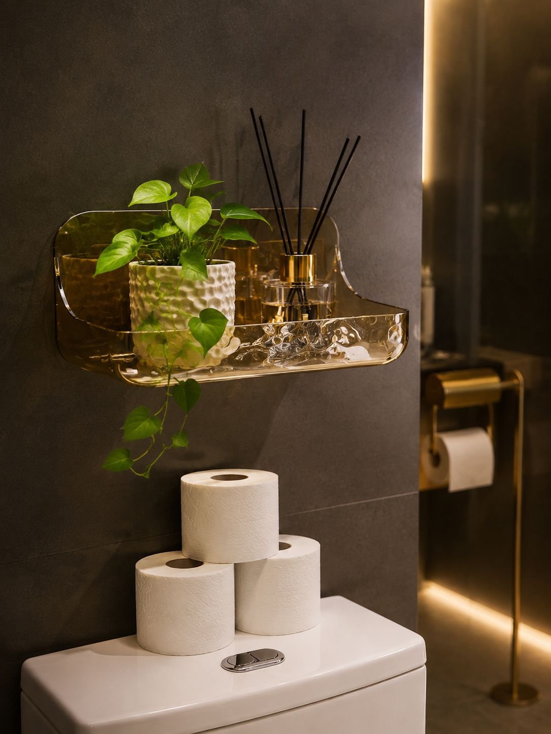 Badezimmerorganisation mit wandmontiertem Acrylregal
