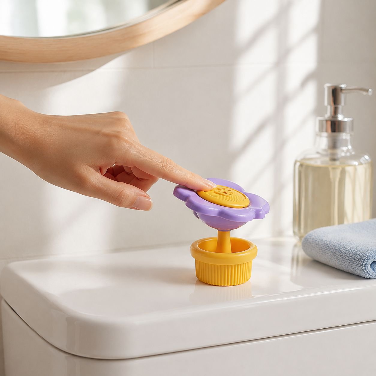 Hands-free toilet flush button for modern bathrooms