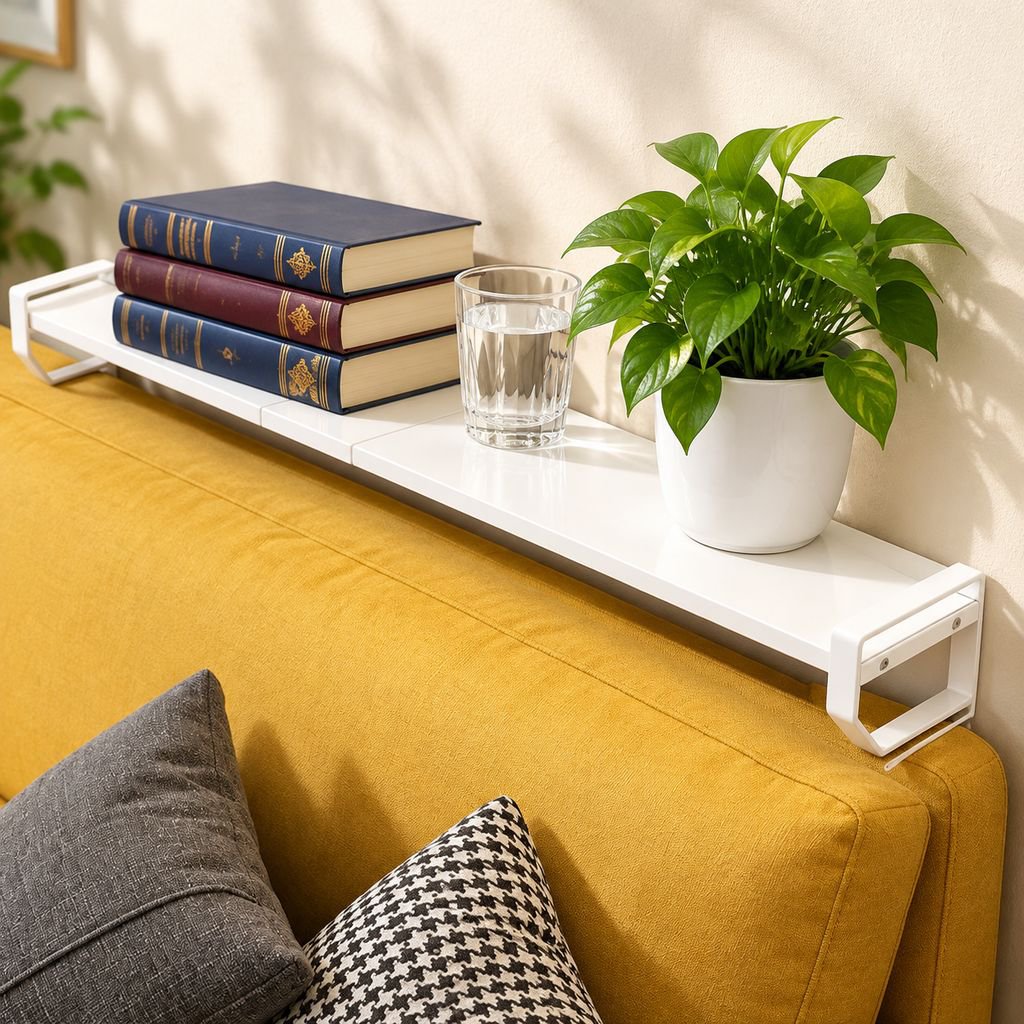 Close-up of narrow bedside shelf with books and lamp