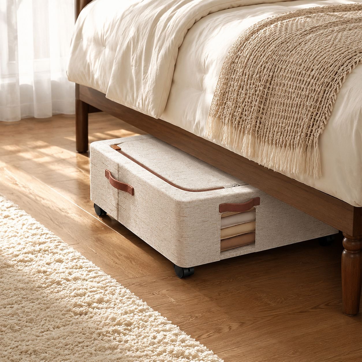 Eco cotton linen under-bed storage bin with wheels and lid