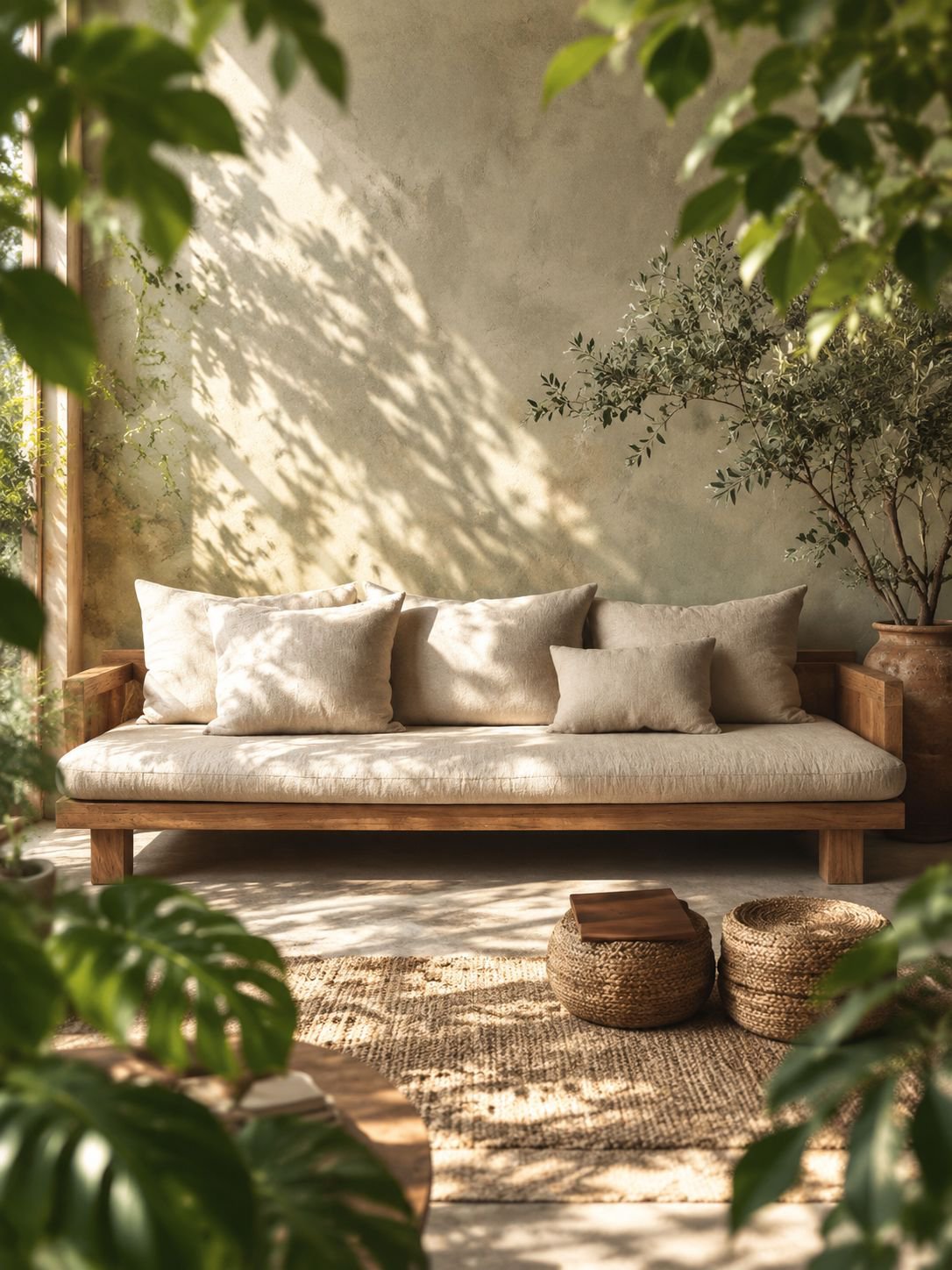 Vue de face du fauteuil canapé wabi-sabi en bois naturel