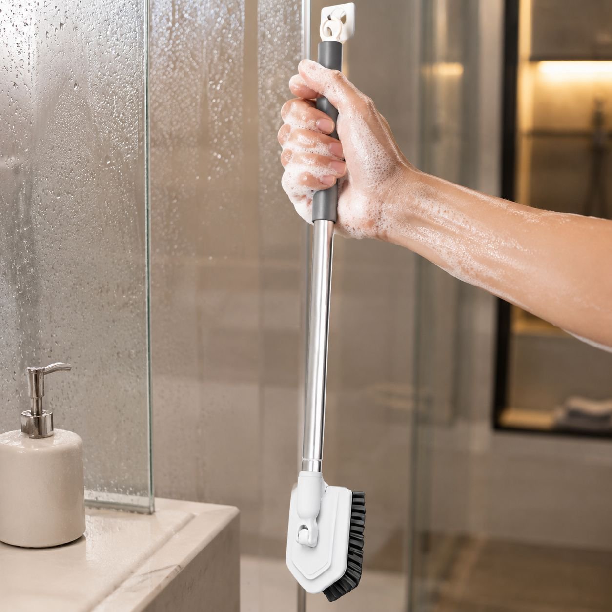 Extended handle hard bristle floor scrub brush for deep cleaning
