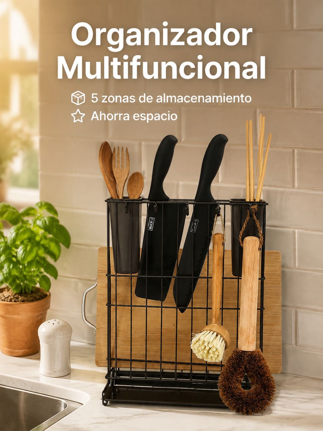 Soporte doméstico para cucharas con tabla de picar