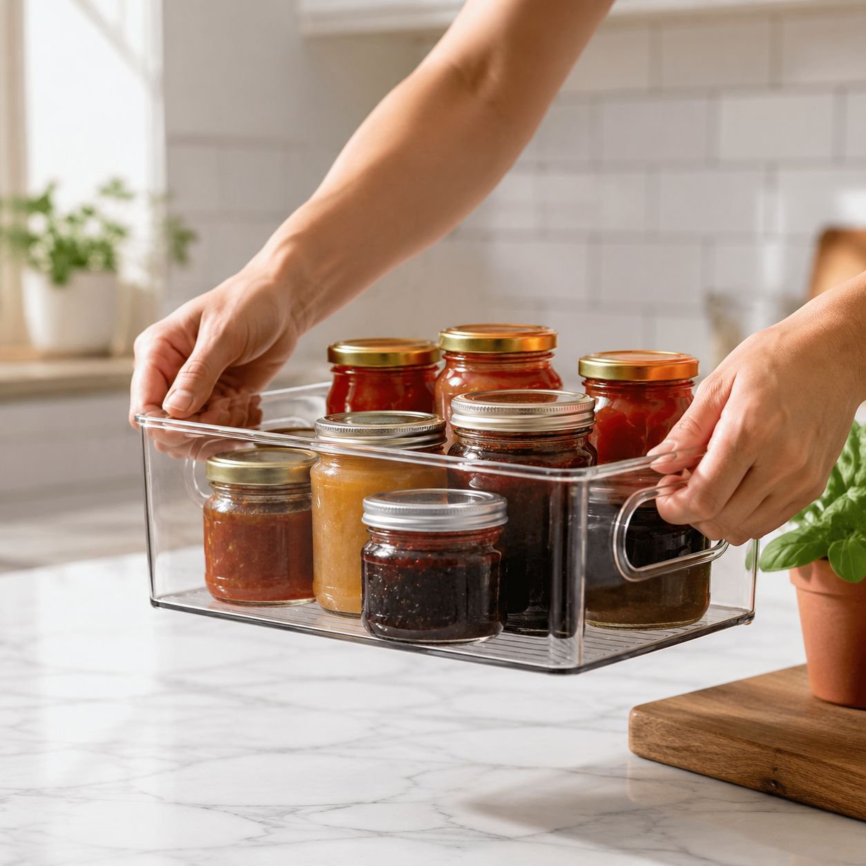 Easy-access acrylic storage bin for food organization