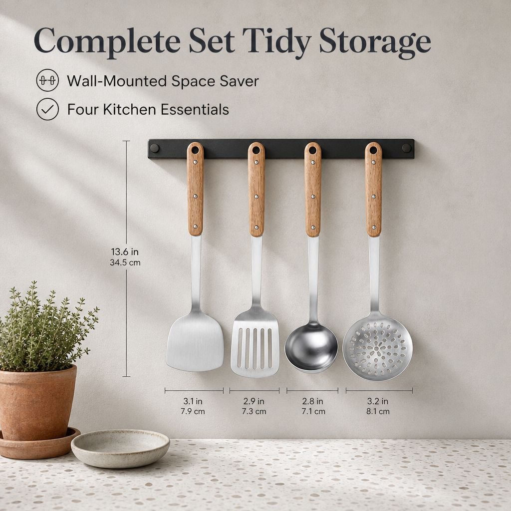 304 Stainless Steel Spatula Ladle Skimmer Set Thickened 3mm Solid Wood Handle