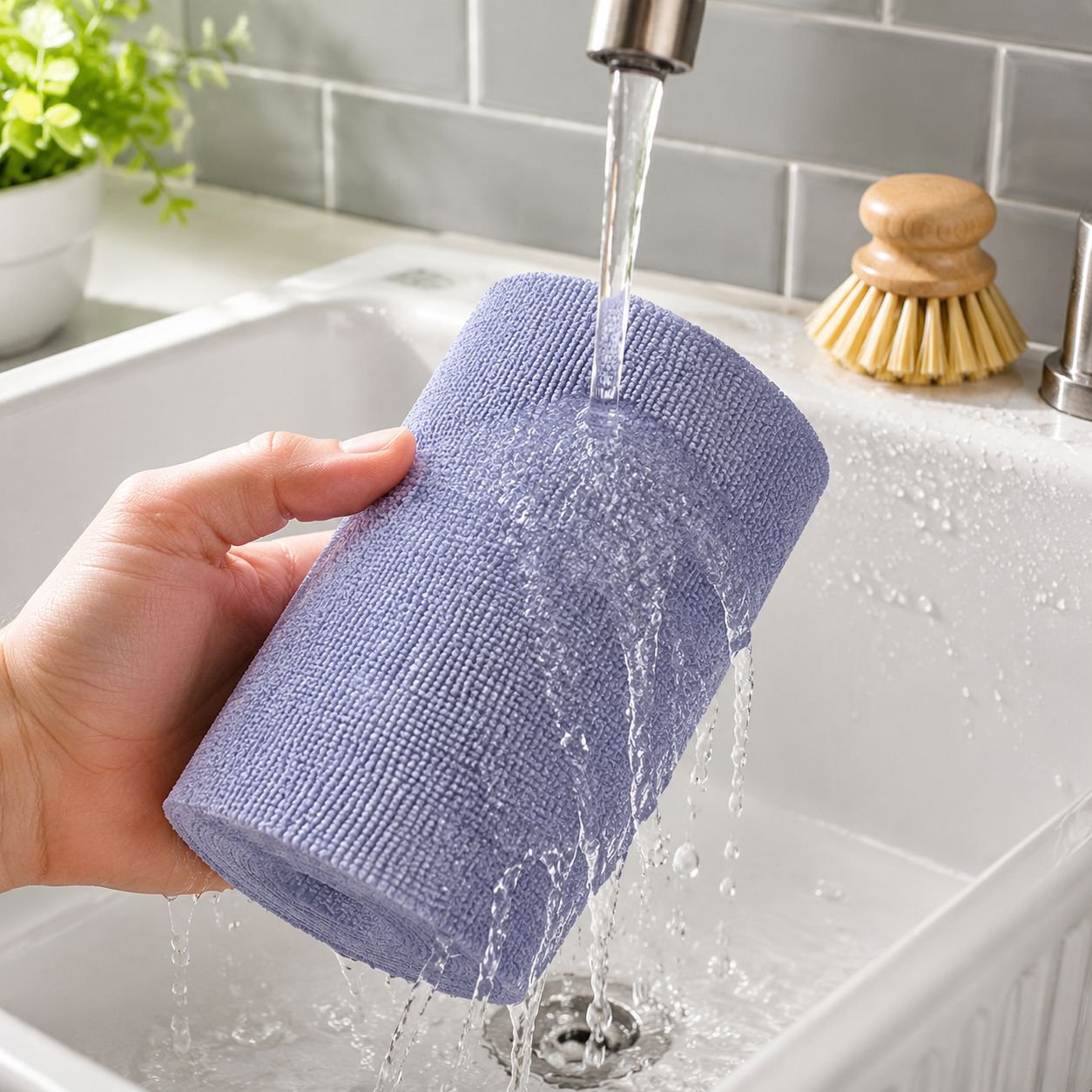 Multi-purpose thick microfiber dishcloth in use