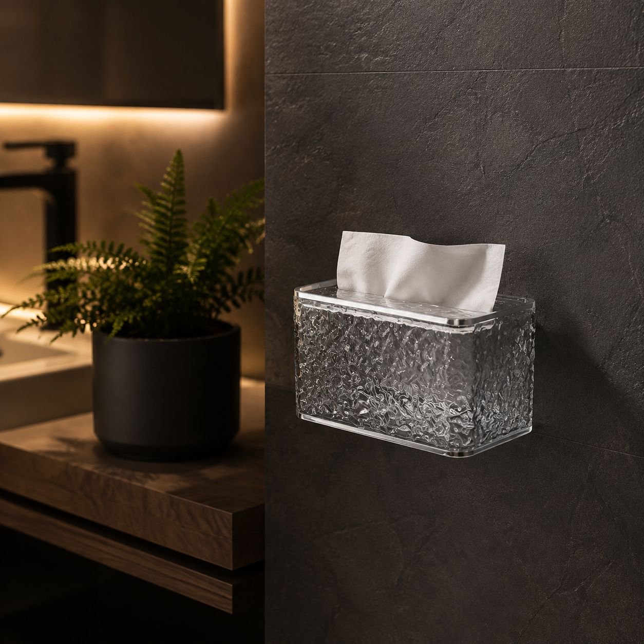Wall mounted water ripple tissue holder in modern bathroom
