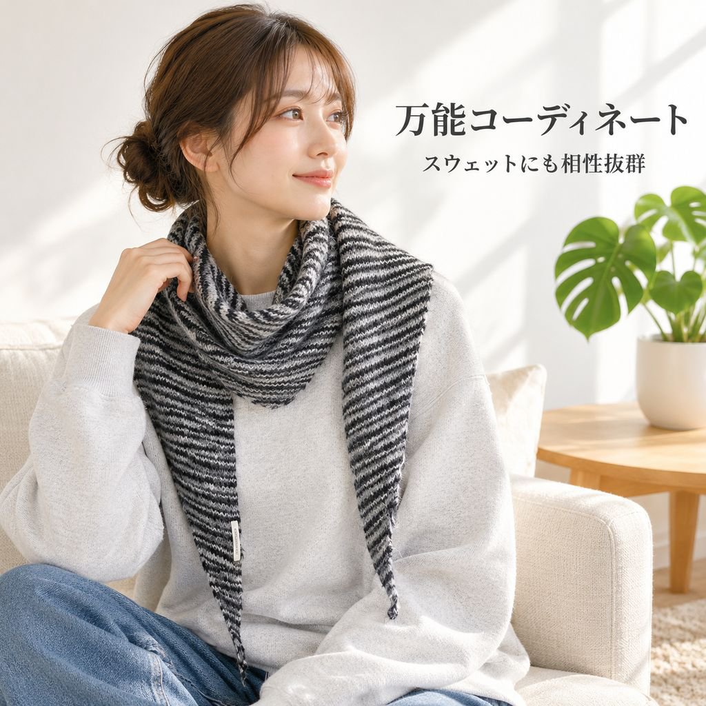 ウール入り三角スカーフ ファッションストライプニット ショール 秋冬多用途ネックウォーマー
