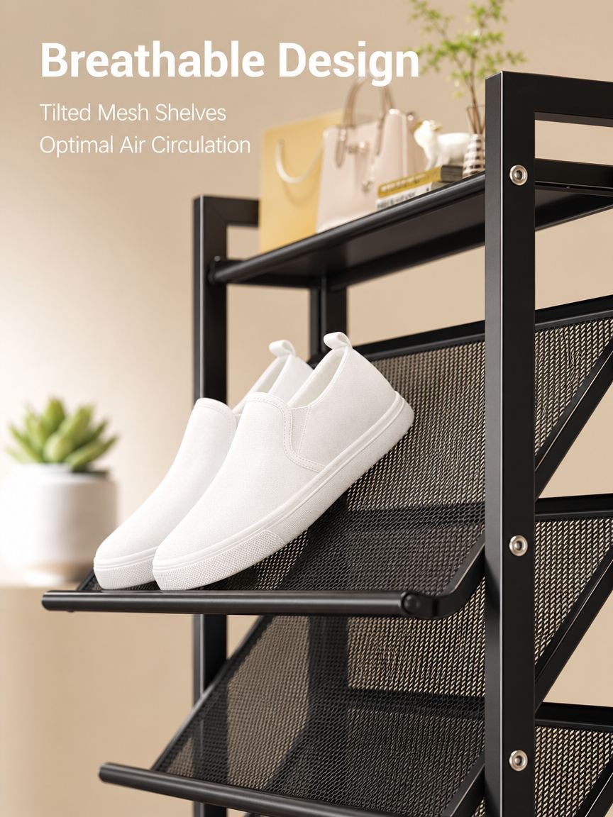 Slim Entryway Shoe Cabinet Behind Narrow Door, Ultra-thin Tilted Mesh Breathable Shoe Rack