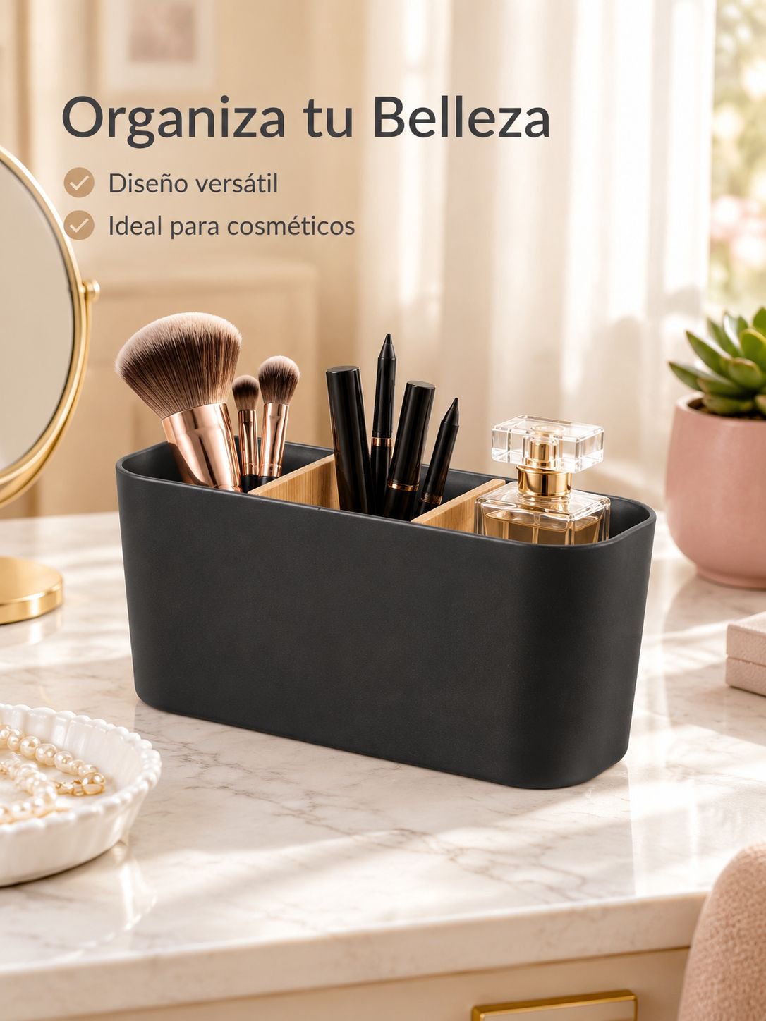 Caja organizadora de escritorio de bambú y madera con compartimentos desmontables