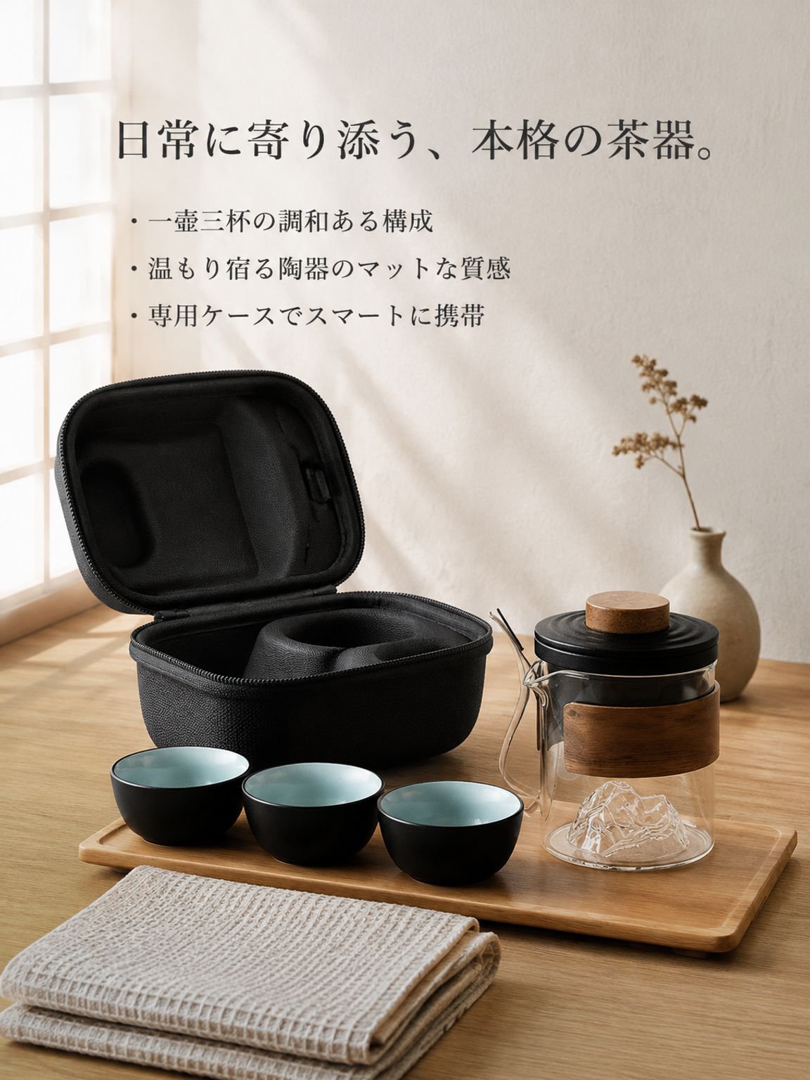 陶器製ティーポットとカップ3個の携帯用ティーセット