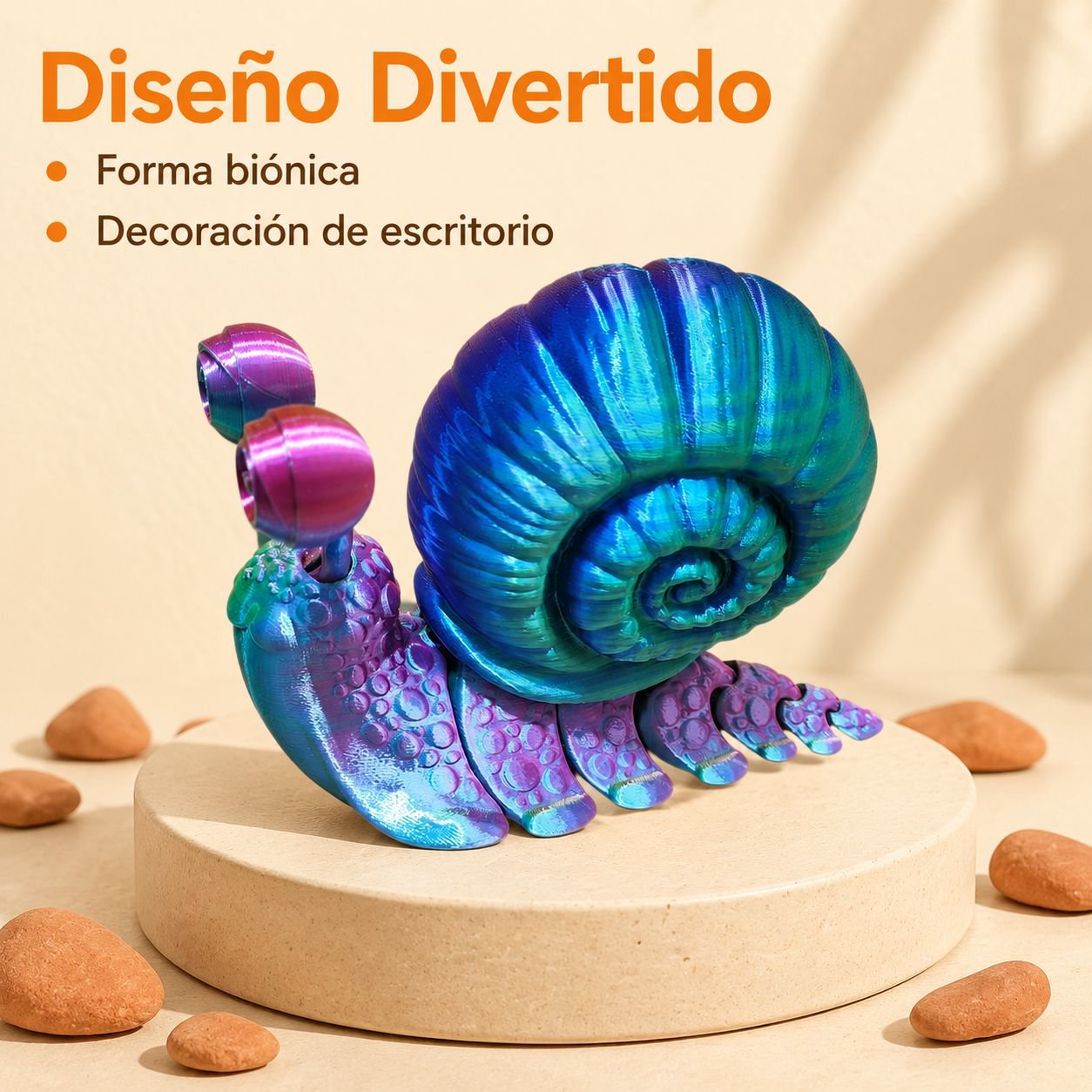 Figura de caracol articulado impresa en 3D para escritorio
