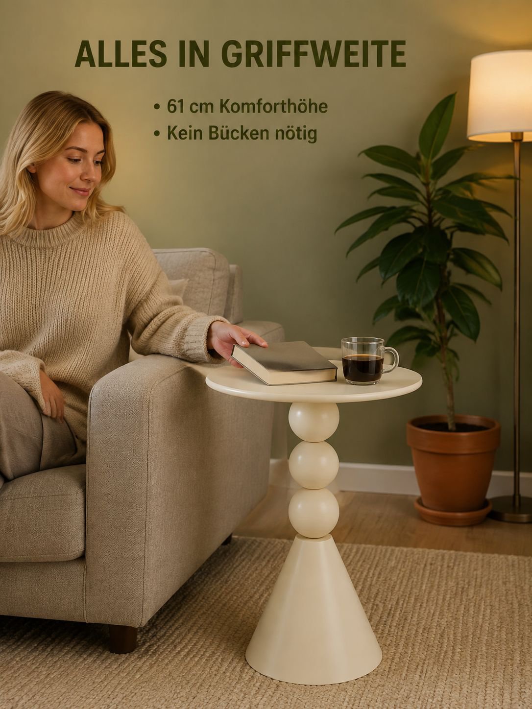 Detailansicht vom cremefarbenen Beistelltisch neben dem Sofa