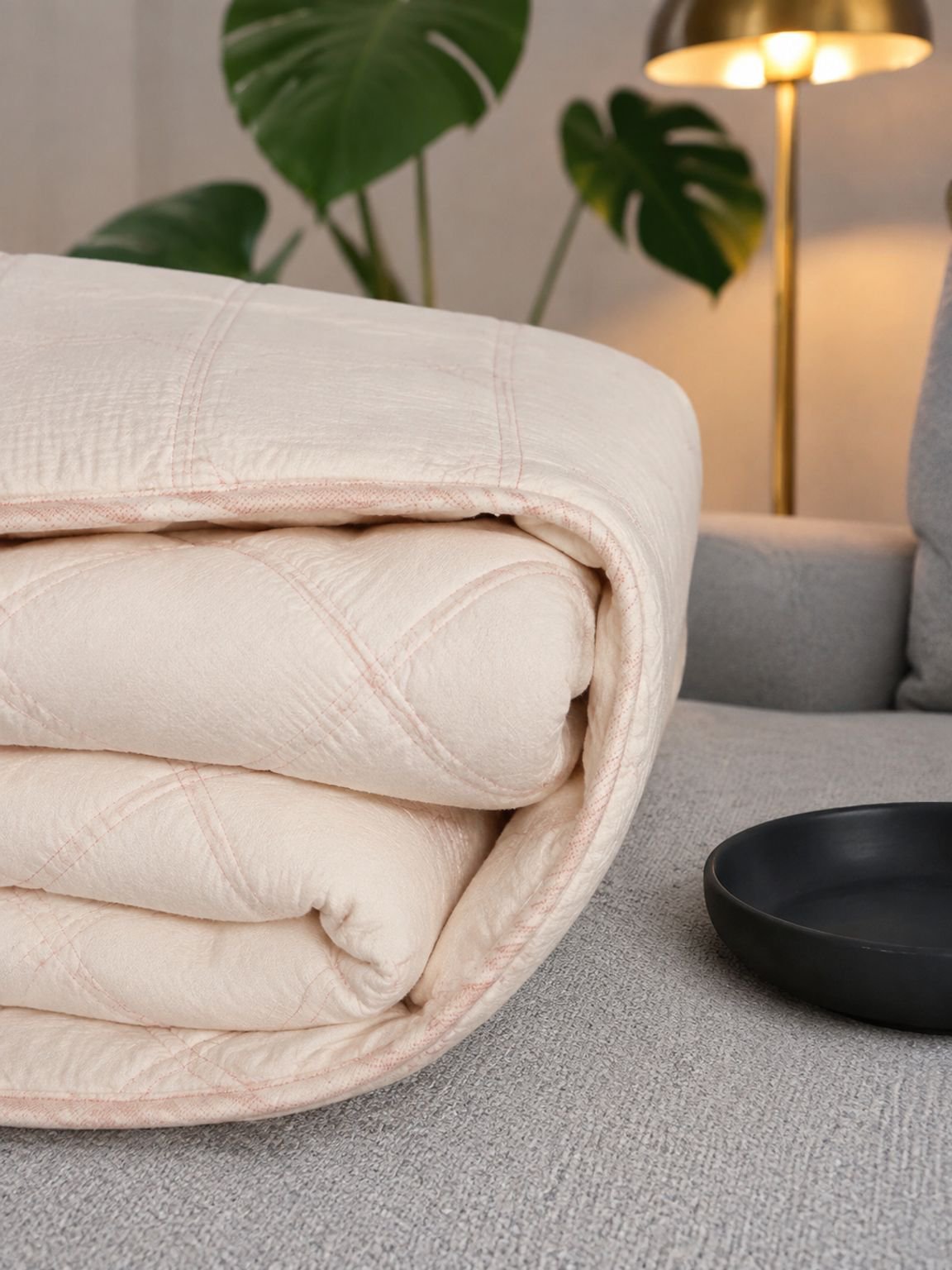 Lightweight cotton blanket draped over a modern bedroom