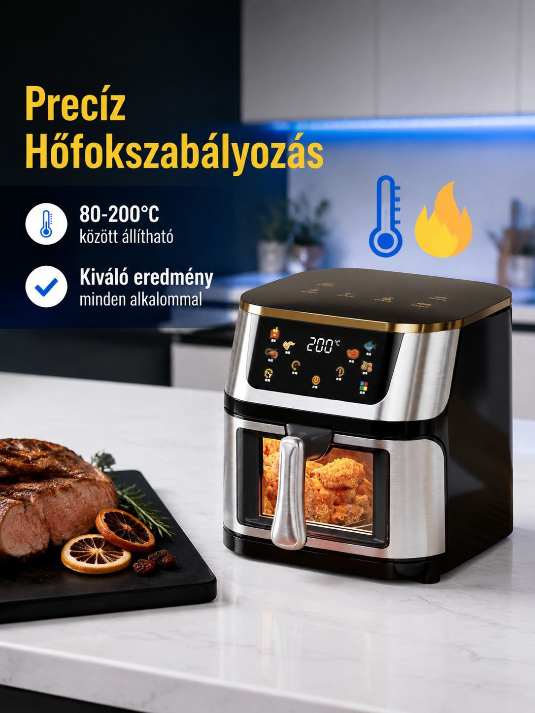 Rozsdamentes acélból készült nagy légsütő oldalnézetből