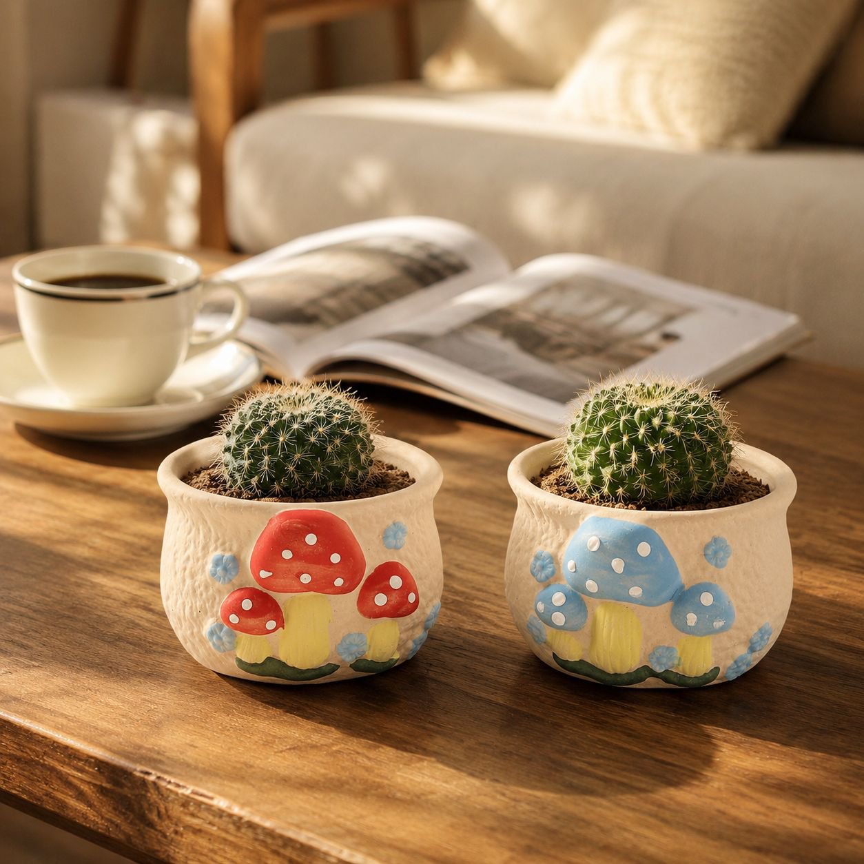 Cute mushroom handmade ceramic oval succulent pot on wooden table