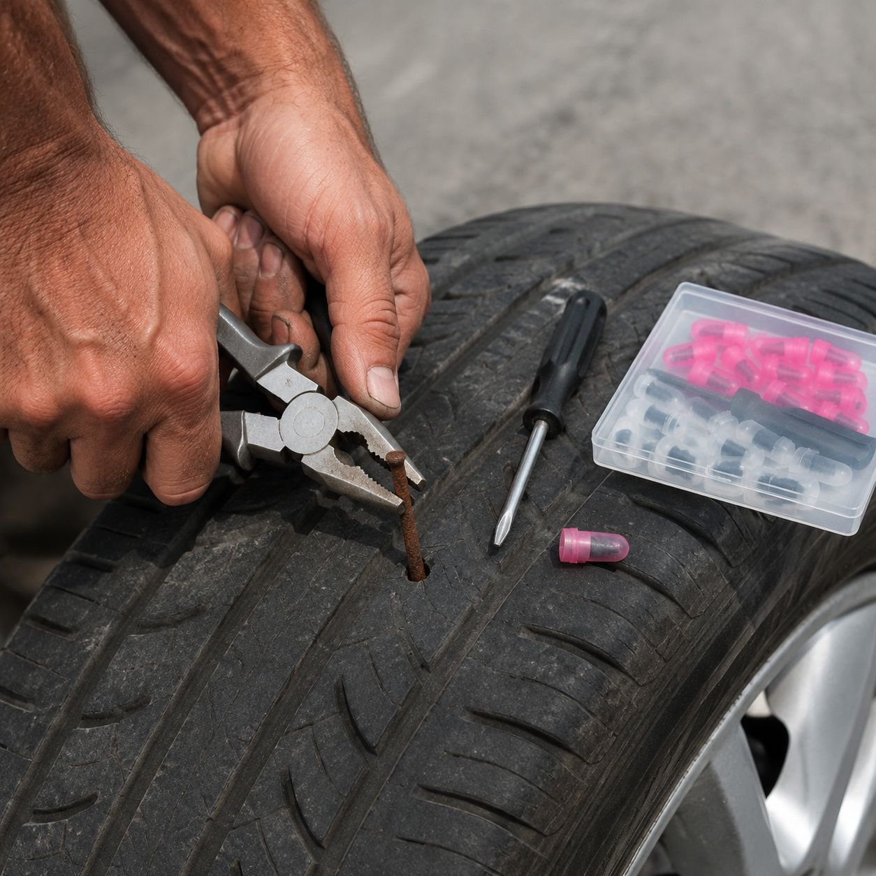 Step-by-step tire puncture repair with mushroom plug