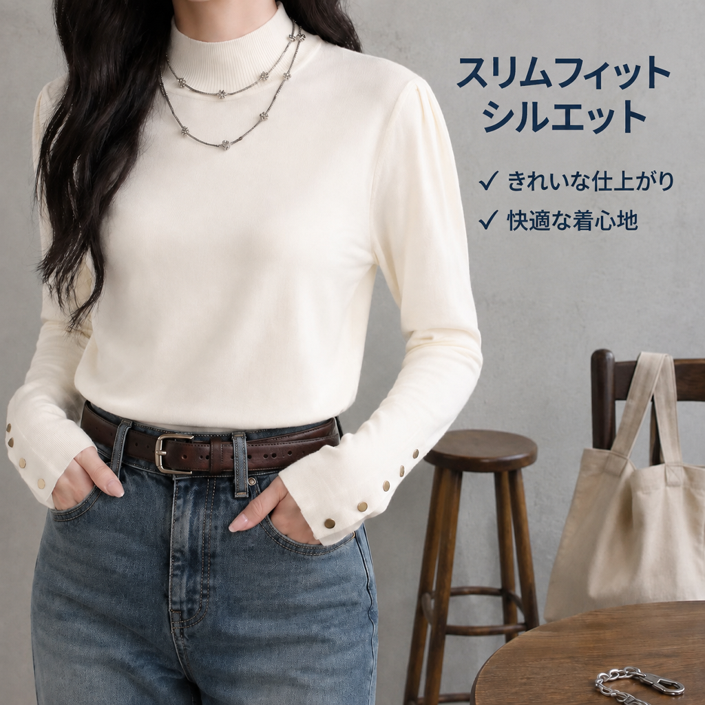 シンプルフレンチグレー女性用ハイネックニットインナー
