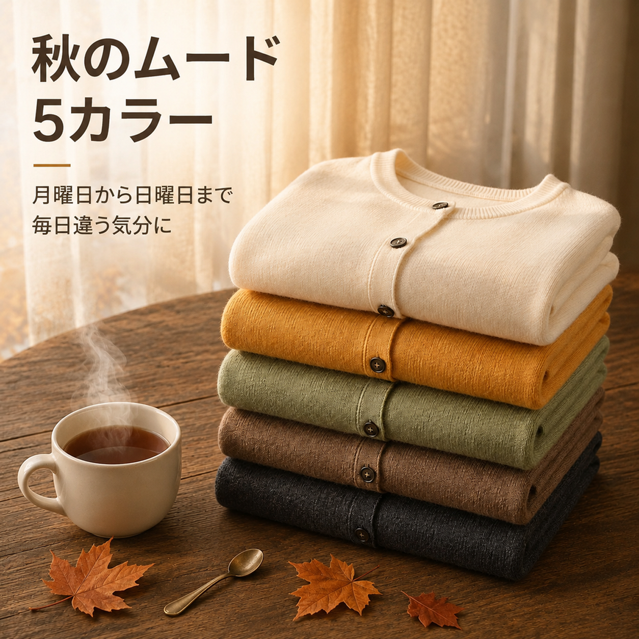 秋の女性用クルーネックニットカーディガン