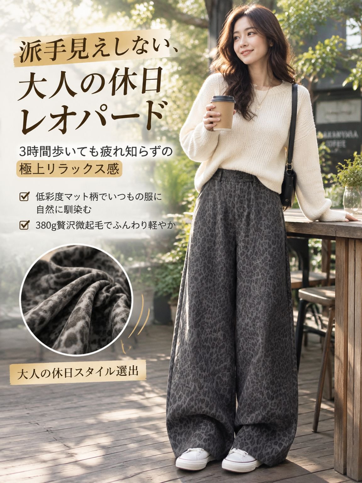 【瞬間-7kg錯覚】蓄熱温感×形状記憶ドレープ・無重力シャイニーレオパード美矯整ストレートパンツ