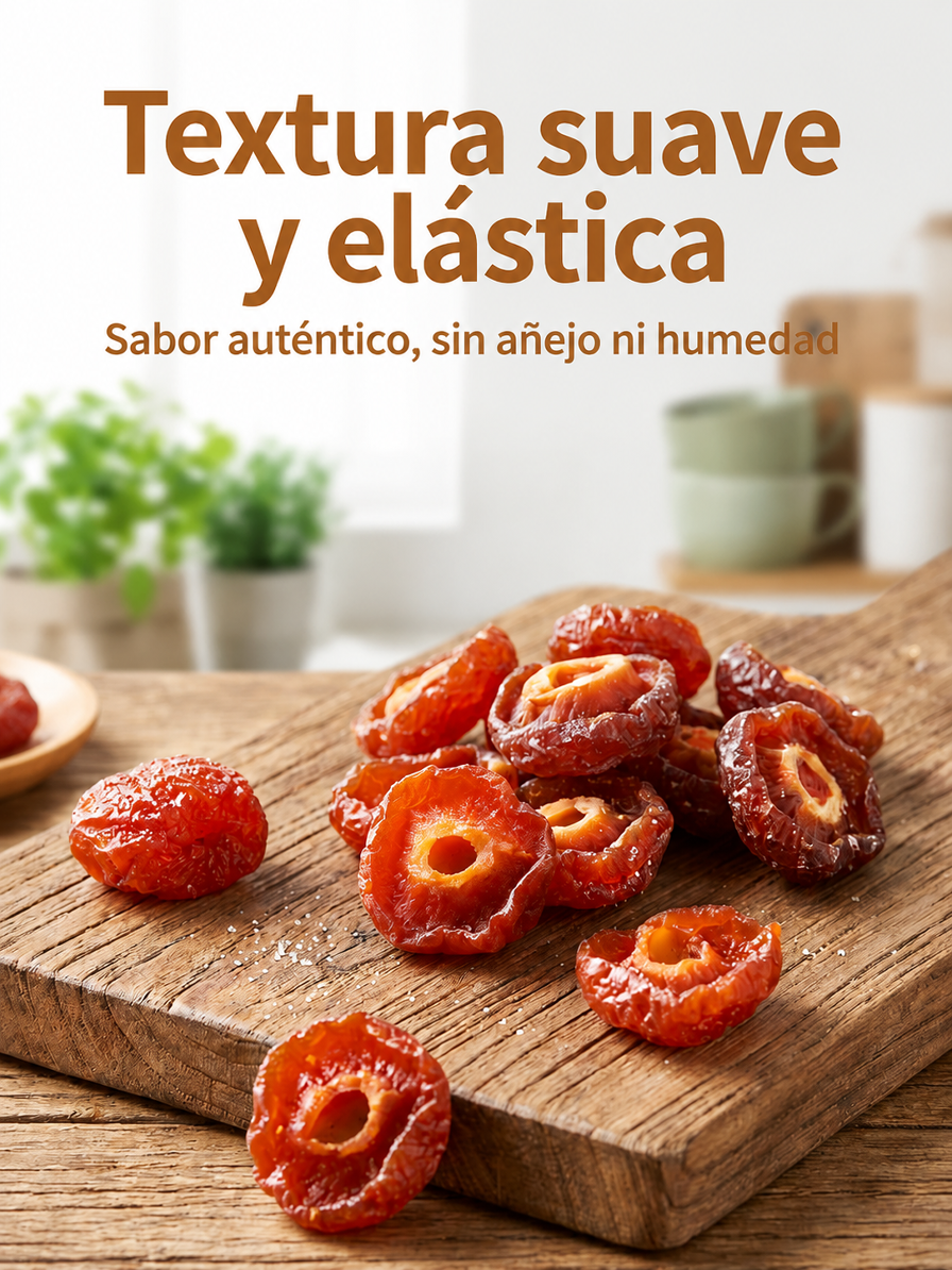 Porción de media ciruela agridulce sobre mesa de madera