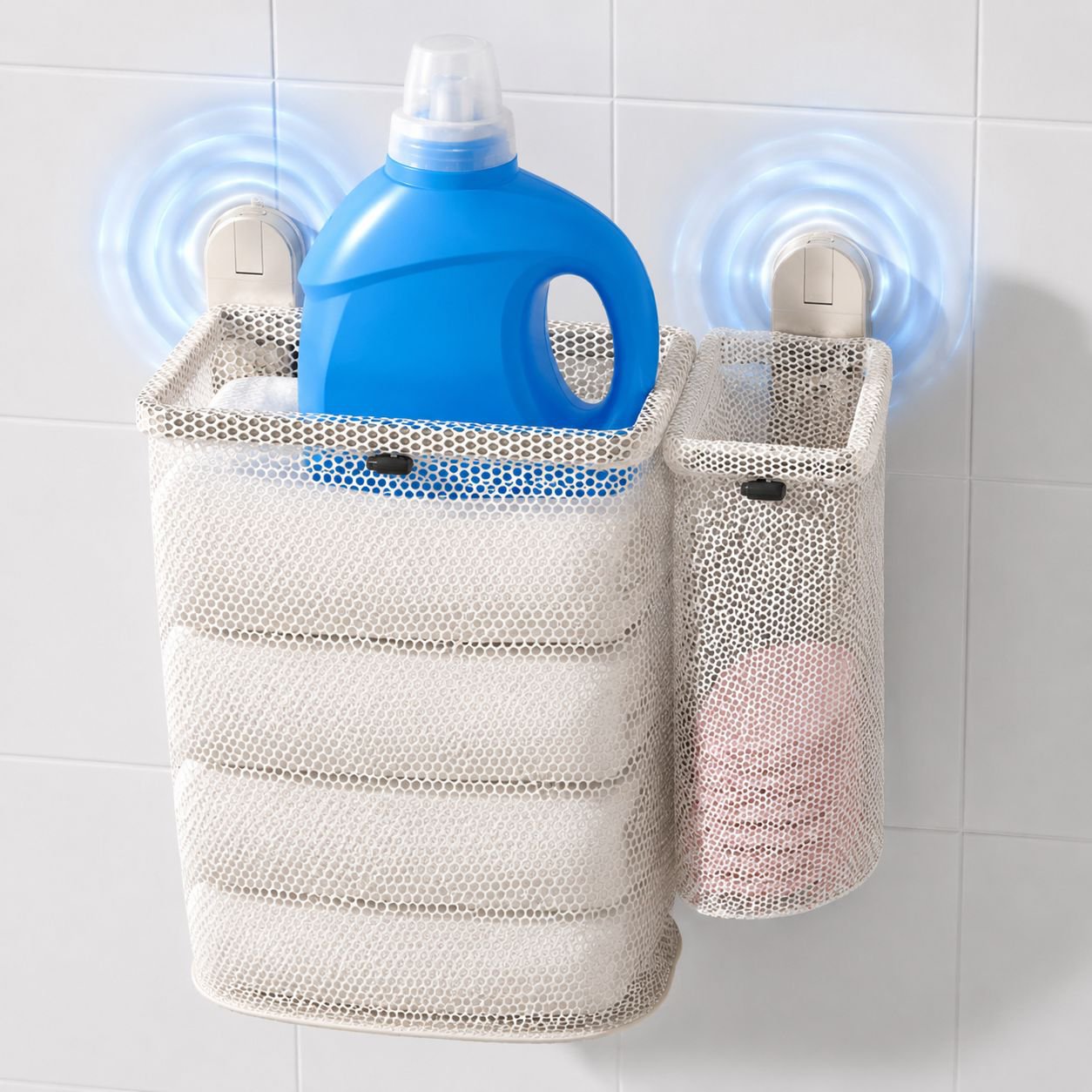 Double suction cup laundry basket, wall-mounted, no-drill, foldable, breathable, suitable for bathro