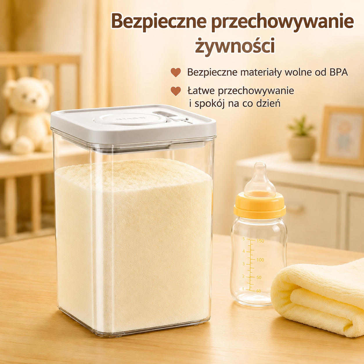 Plastikowy pojemnik na zboża z przyciskiem i szczelnym zamknięciem