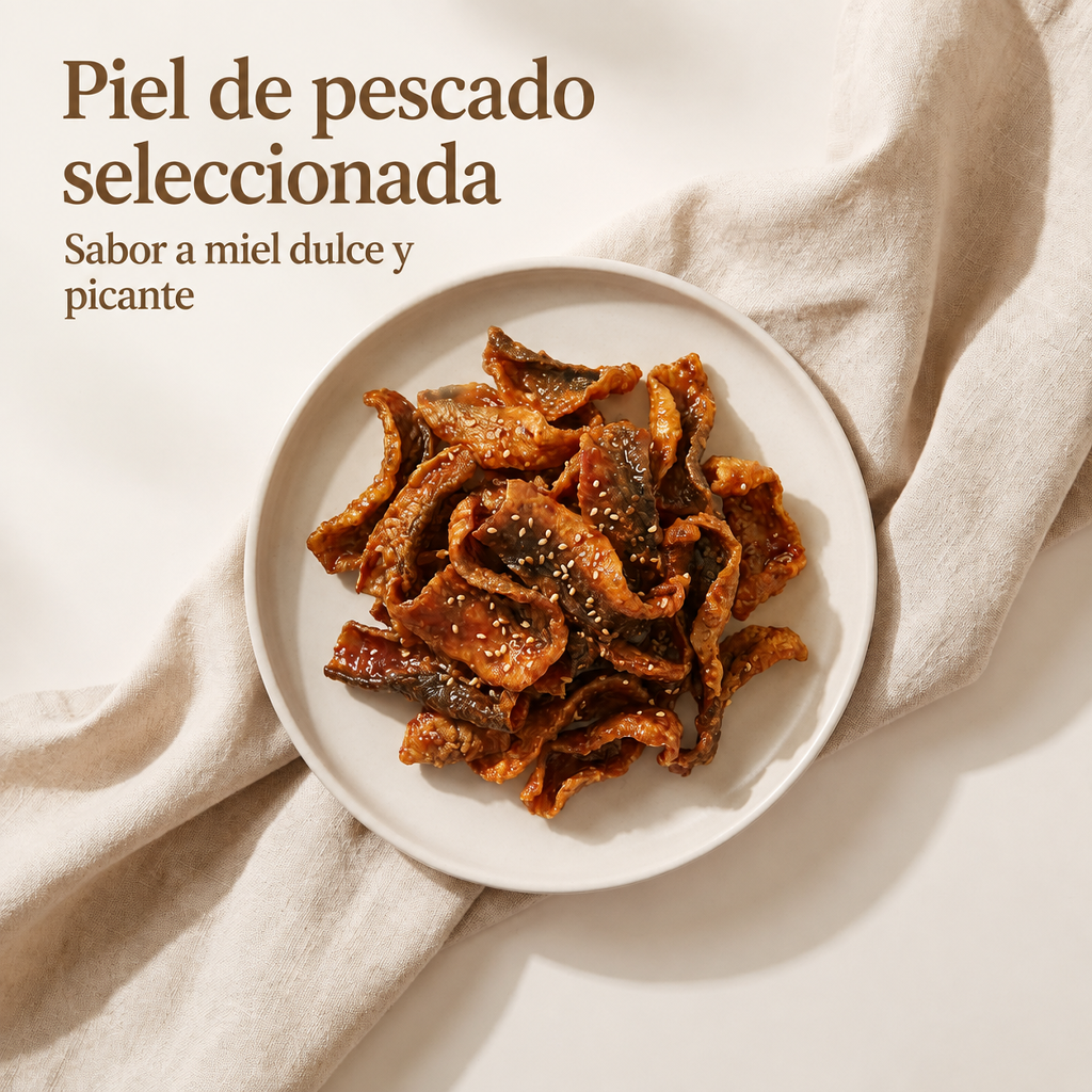 Piel de bacalao crujiente, dulce y picante, glaseada con miel.