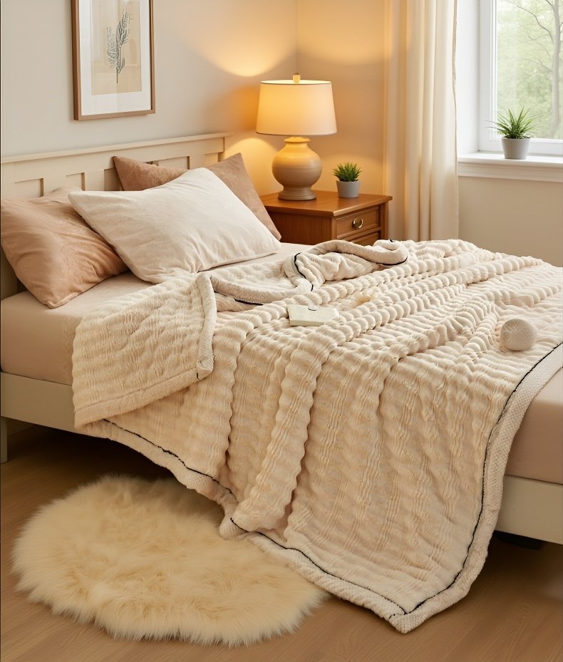 소파 위에 펼쳐진 토끼털 블랭킷
