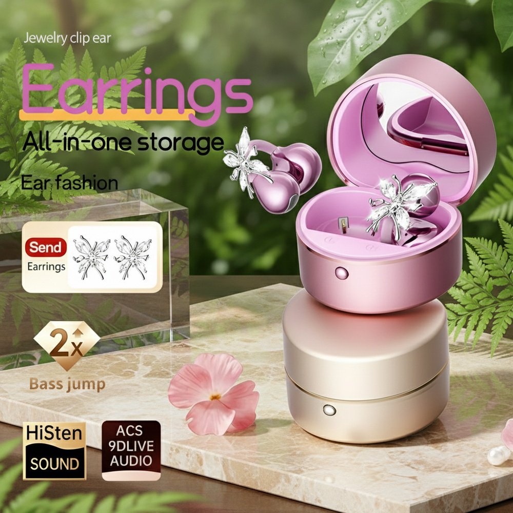High-value wireless Bluetooth earbuds with butterfly ear clips, heart-shaped charging case, and make