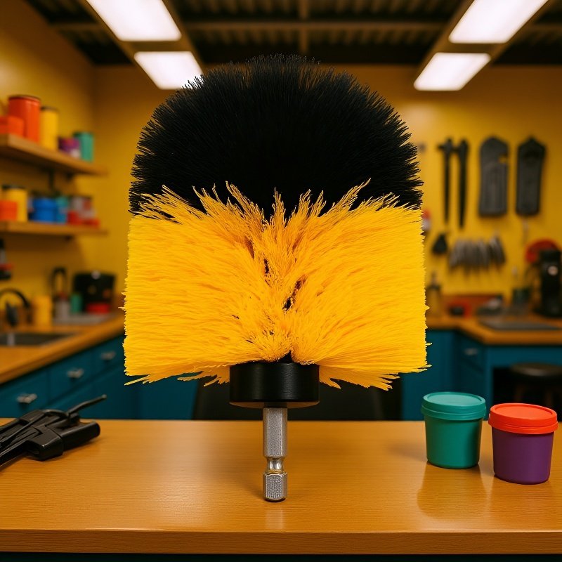 Power drill with brush attachment cleaning car seat upholstery