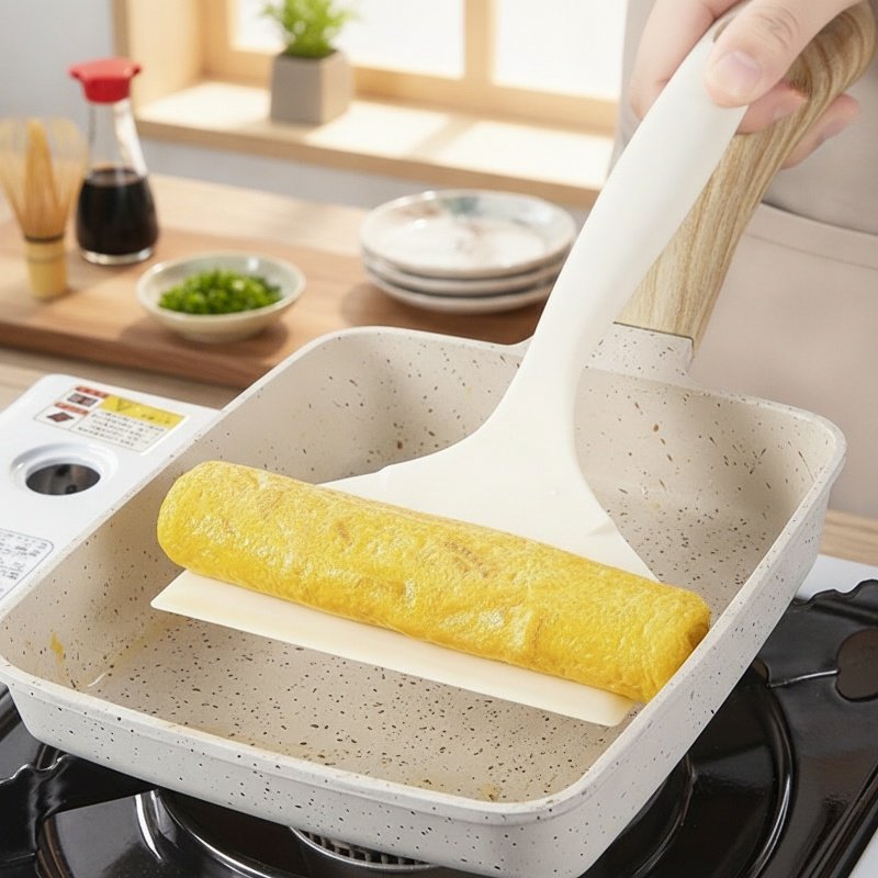 논스틱 팬에서 팬케이크 뒤집는 모습