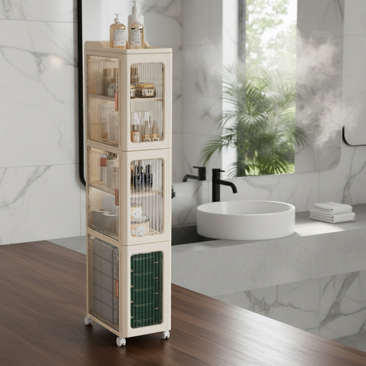 Étagère de rangement mobile pour salle de bain, ouverture et fermeture